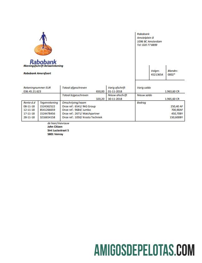 Extrato bancário do Rabobank da Holanda em branco Modelo fácil de preencher em formato Word e PDF